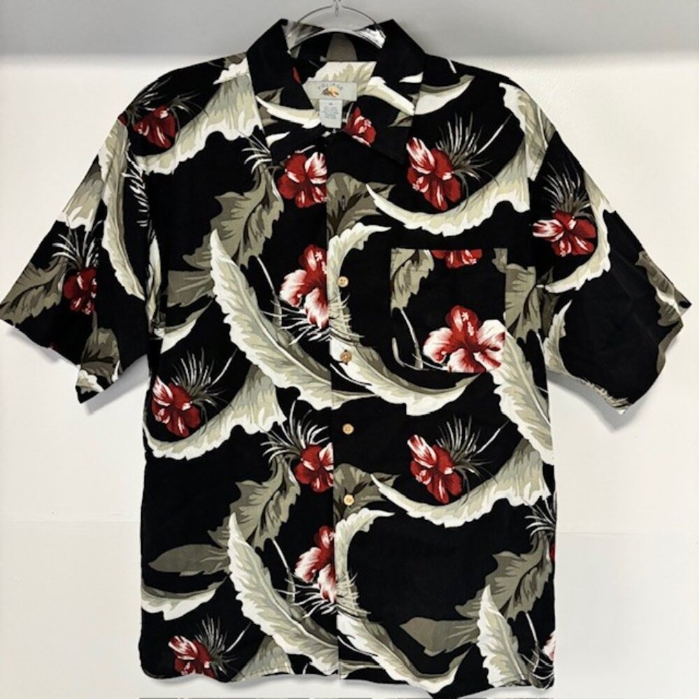 Foliage Black Red Button Linen Shirt M Classic Tropical Bold Floral Hibiscus